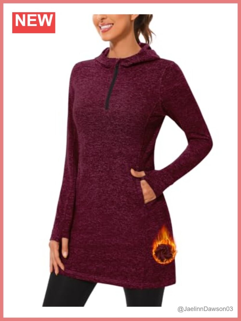 Fleece Lined Thermal Sweatshirt Tunic Dress Hooded Quarter Zip Pullover with